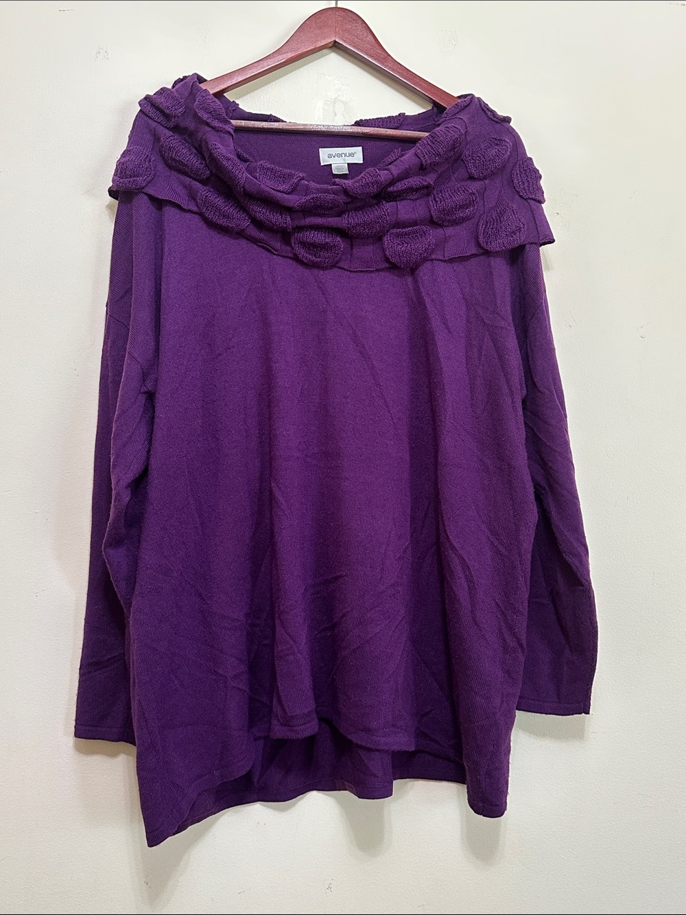 Avenue Purple Knit Off-Shoulder Sweater with Ruffled Trim